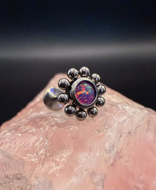 Piercing Topo Pedra Colorida com Bolinhas em Titânio Prateado com Rosca Interna